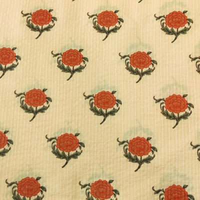Pure Cotton Kaatha Beige With Rose Motif Hand Block Print Fabric