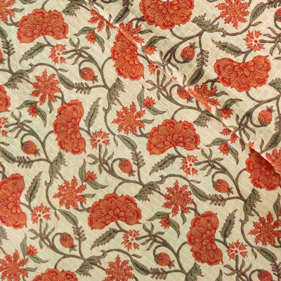 Pure Cotton Kaatha Beige With Shoe Flower Jaal Hand Block Print Fabric