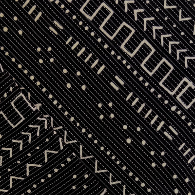 Pure Cotton Kaatha Black With Multi Geometry Stripes Hand Block Print Fabric