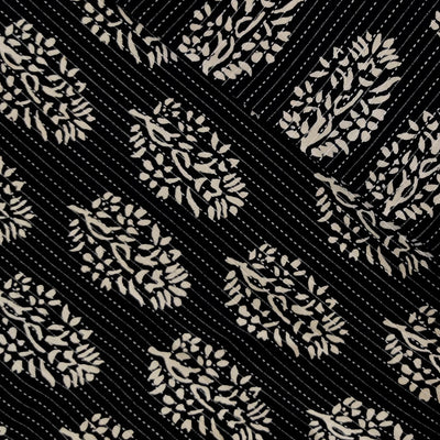 Pure Cotton Kaatha Black With White Bloomed Tree Hand Block Print Fabric