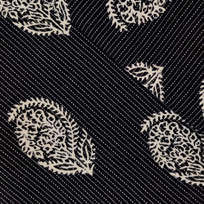 Pure Cotton Kaatha Black With White Spaced Out Motif Hand Block Print Fabric