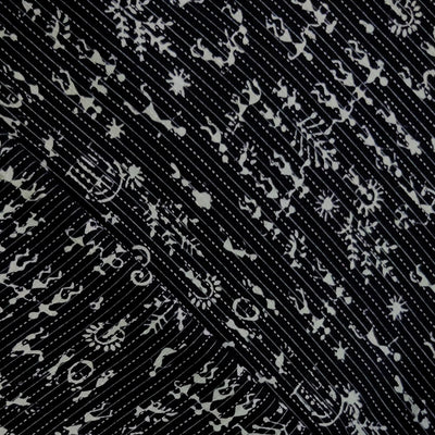 Pure Cotton Kaatha Black With White Warli Hand Block Print Fabric