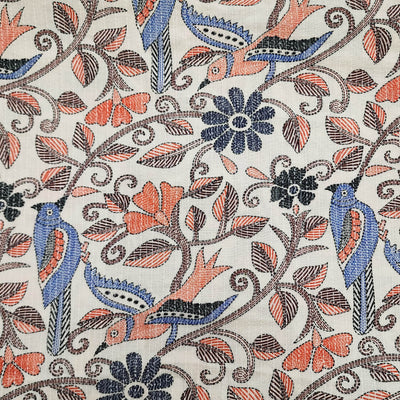 Pure Cotton Kaatha Blue And Orange Birds On A Tree Screen Print Fabric