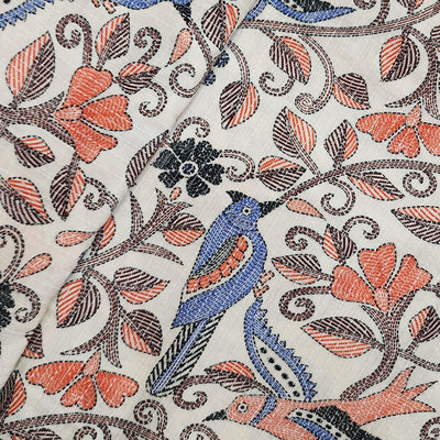 Pure Cotton Kaatha Blue And Orange Birds On A Tree Screen Print Fabric