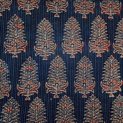 Pure Cotton Kaatha Blue With Big Flower Bud Hand Block Print Fabric