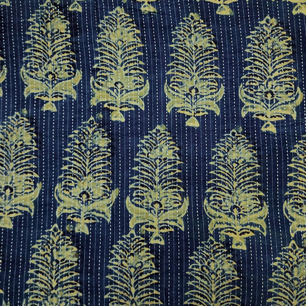 Pure Cotton Kaatha Blue With Big  Green Flower Bud Hand Block Print Fabric