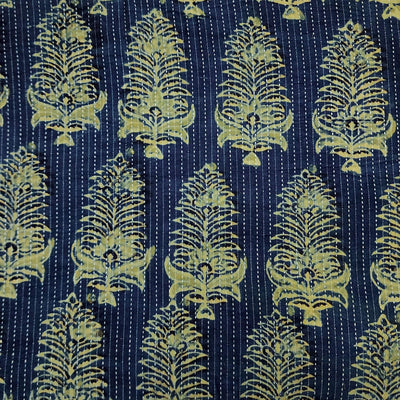 Pure Cotton Kaatha Blue With Big  Green Flower Bud Hand Block Print Fabric