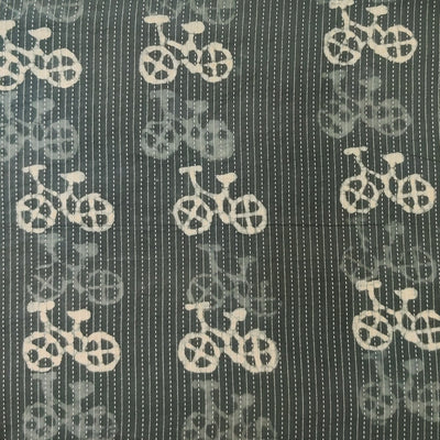 Pure Cotton Kaatha Grey With Cycle Hand Block Print Fabric