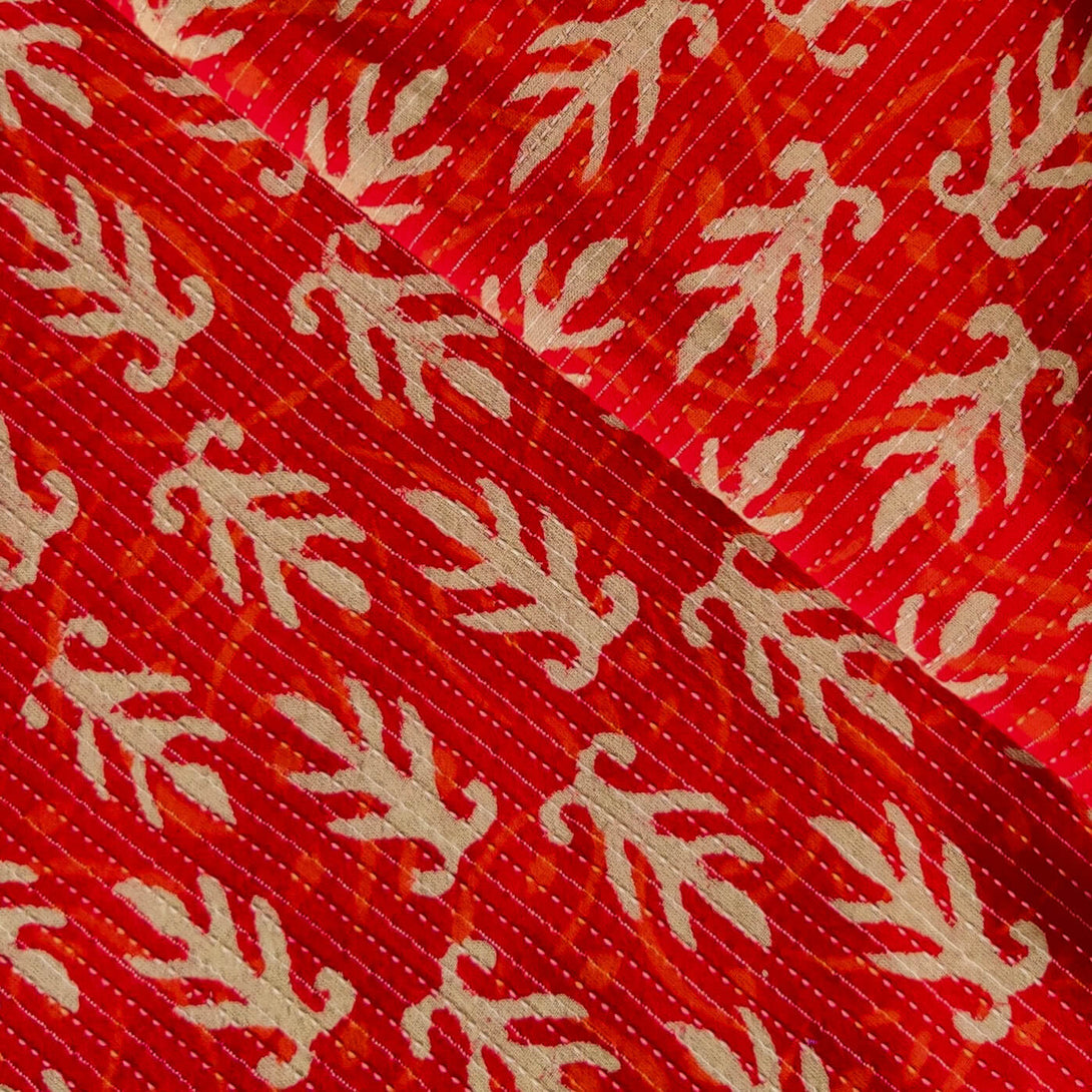 Pure Cotton Kaatha Red With Orange Self Design And Beige Motif Hand Bl ...