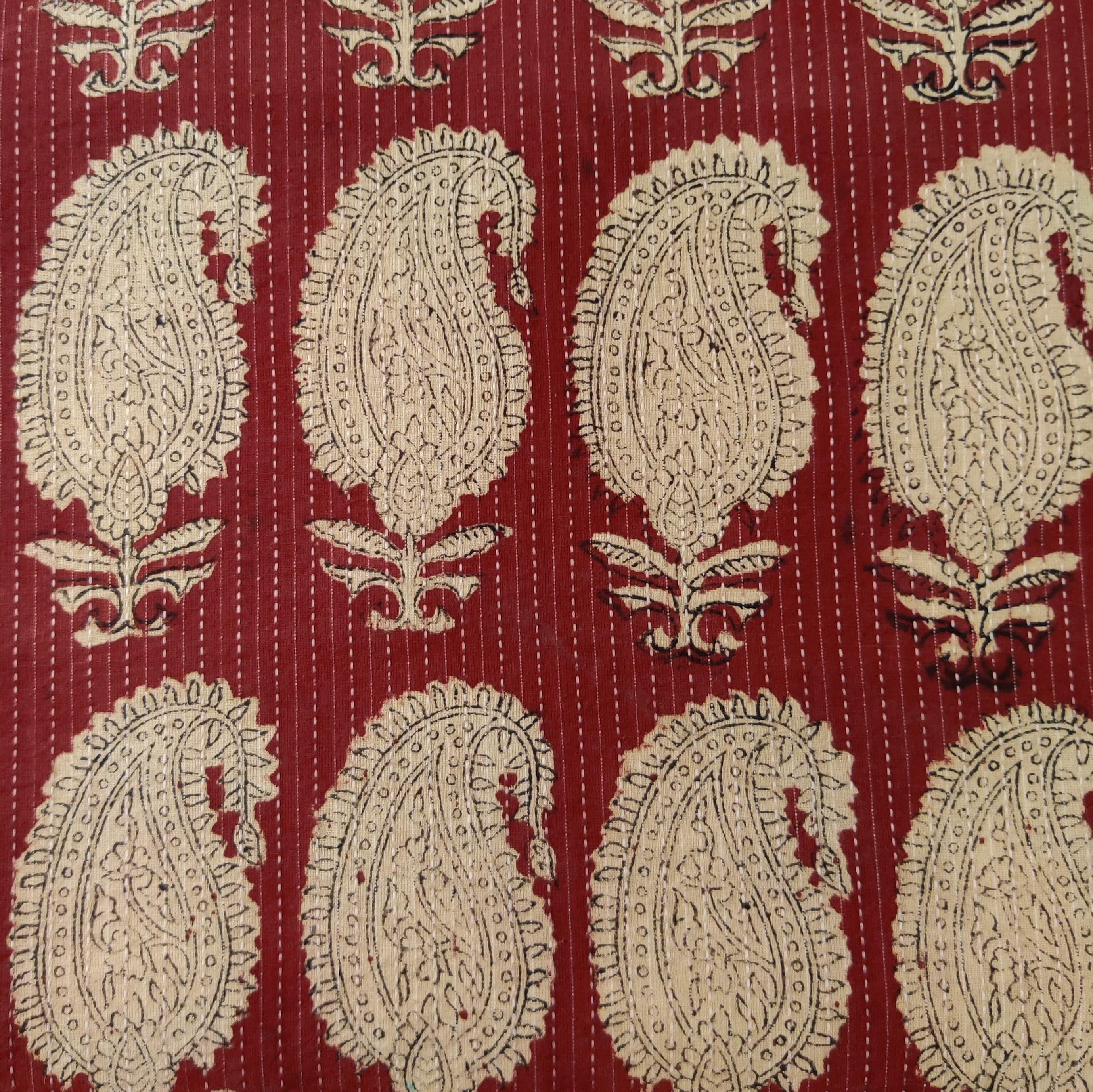 Pre Cut 1.52 meter Pure Cotton Kaatha Rust With Beige Kairi Hand Block ...