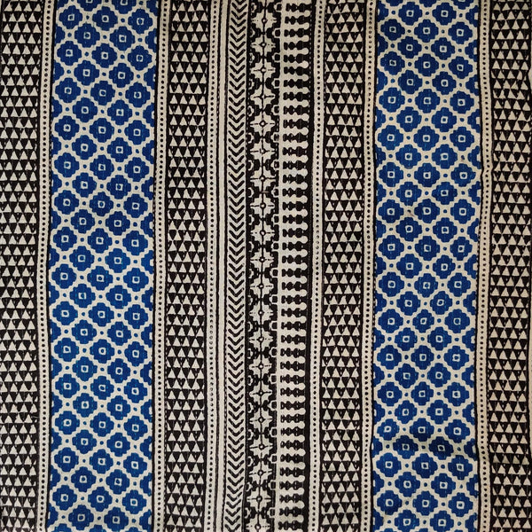 Pure Cotton Kaatha With Blue And Black Multi Border Hand Block Print Fabric
