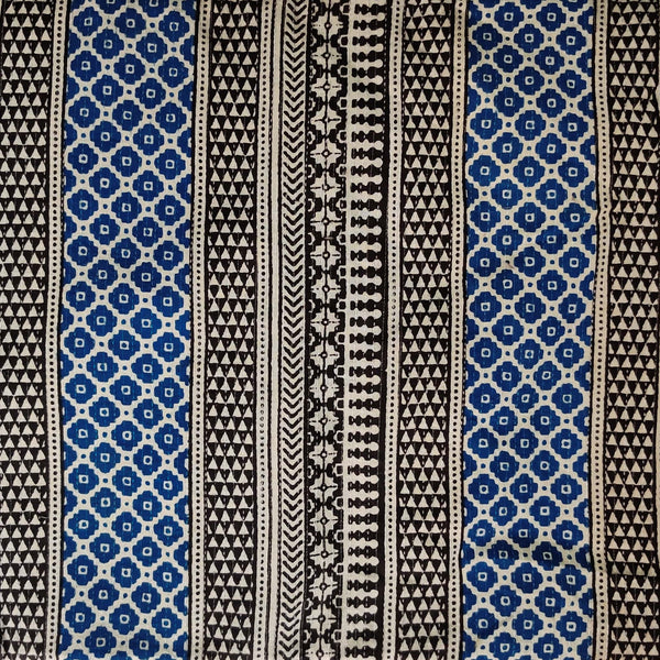 Blouse Piece 1.25 meter Pure Cotton Kaatha With Blue And Black Multi Border Hand Block Print Fabric