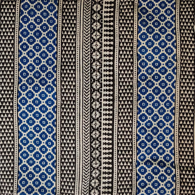 Pure Cotton Kaatha With Blue And Black Multi Border Hand Block Print Fabric