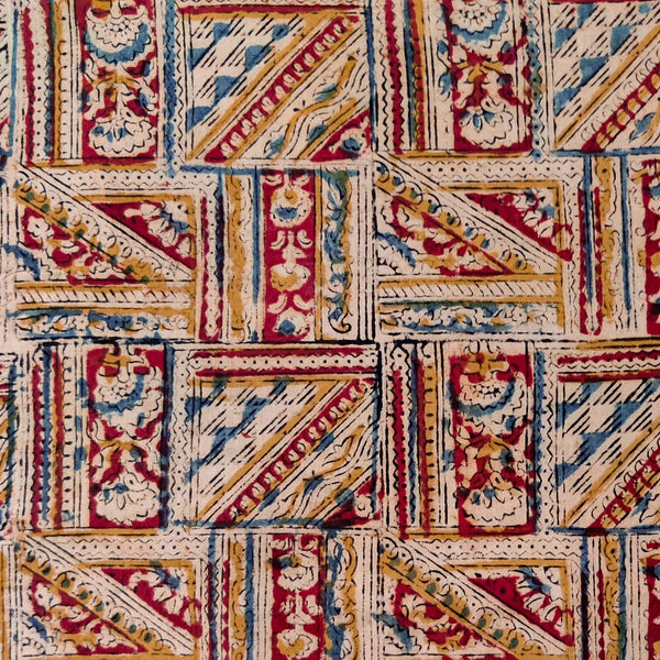 Pre-cut 1.60 meter Pure Cotton Kalamkari Beige With Maroon Blue Tile Blocks Hand Block Print Fabric