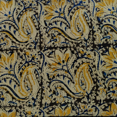 Pure Cotton Kalamkari Black With Blue And Mustard Wild Jaal Hand Block Print Fabric