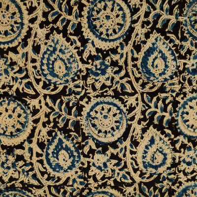 Pure Cotton Kalamkari Black With Blue Chakra Motif Jaal Hand Block Print Fabric