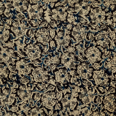 Pure Cotton Kalamkari Black With Cream And Blue Flower Jaal Hand Block Print Fabric
