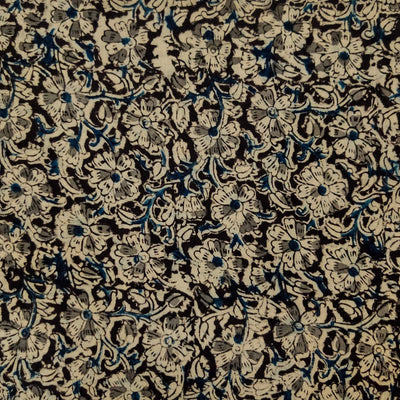 Pure Cotton Kalamkari Black With Cream And Blue Flower Jaal Hand Block Print blouse Fabric (85 cm)