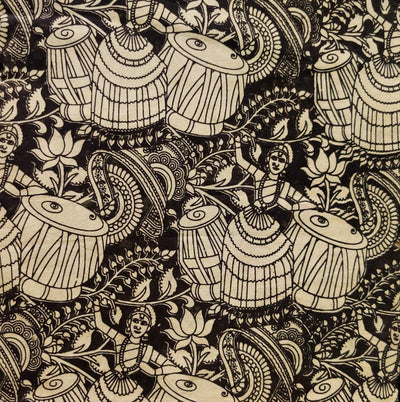 Pure Cotton Kalamkari Black With Dancers And Tabla Blouse Piece Print Fabric ( 1 Meter )