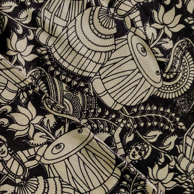 Pure Cotton Kalamkari Black With Dancers And Tabla Print Fabric