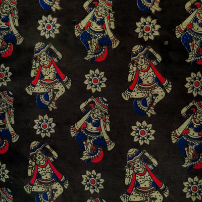 Pure Cotton Kalamkari Black With Dancing Figures Print Fabric