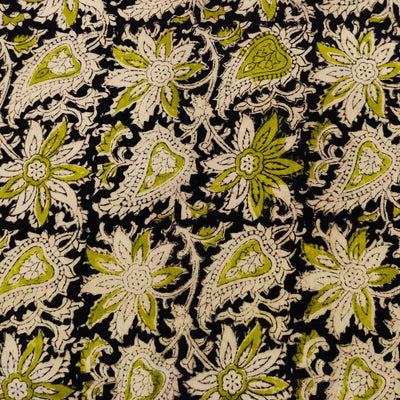 Pure Cotton Kalamkari Black With Green And Beige Jaal Hand Block Print Blouse Fabric ( 80 CM )