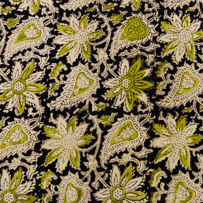 Pure Cotton Kalamkari Black With Green And Beige Jaal Hand Block Print Fabric