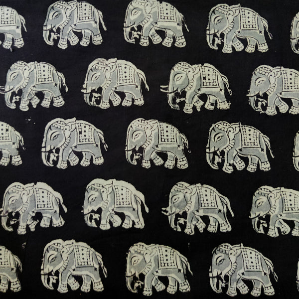 Blouse Piece (1 meter )Pure Cotton Kalamkari Black With Intricate Elephants Hand Print Fabric