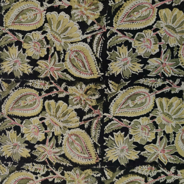 Blouse Piece 1 Meter Pure Cotton Kalamkari Black With Wild Yellow Green Floral Jaal Hand Block Print Fabric