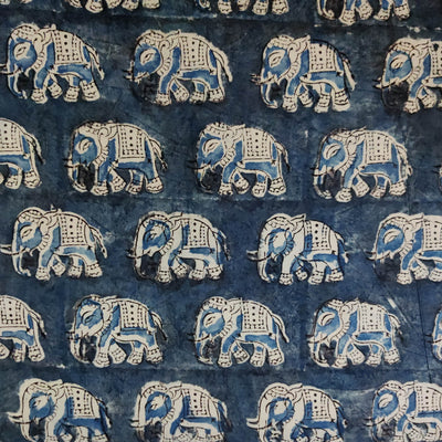 Pure Cotton Kalamkari Blue With Intricate Elephants Hand Print Fabric