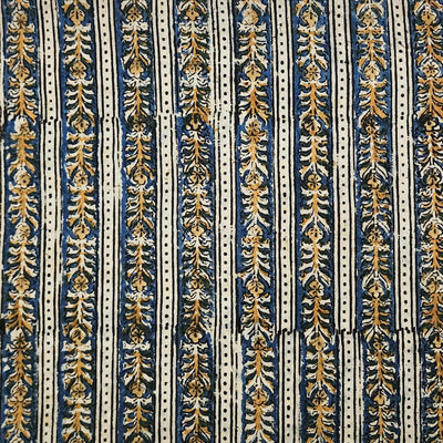 Pure Cotton Kalamkari Blue With Mustard Border Creeper Hand Block Print Fabric