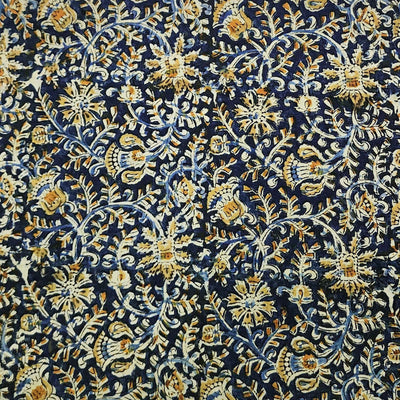 Pure Cotton Kalamkari Navy Blue With Pink And Maroon Flower Jaal Hand Block Print Fabric
