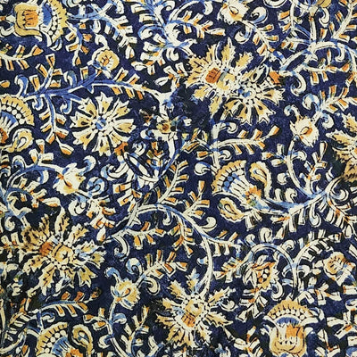 Pure Cotton Kalamkari Navy Blue With Pink And Maroon Flower Jaal Hand Block Print Fabric