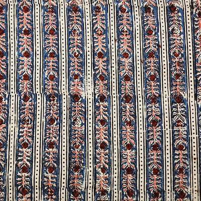 Pure Cotton Kalamkari Blue With Pink Border Creeper Hand Block Print Fabric