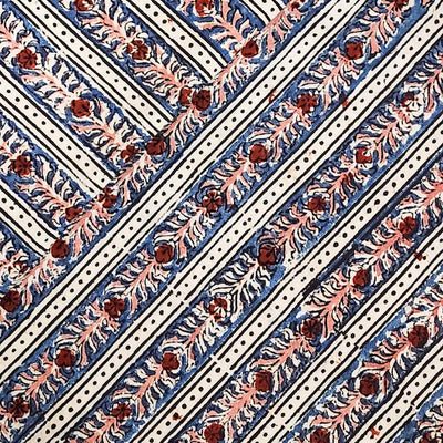 Pure Cotton Kalamkari Blue With Pink Border Creeper Hand Block Print Fabric