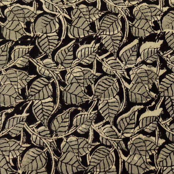 Pure Cotton Kalamkari Dull Black With Grey Peepal Leaves Jaal Hand Block Print Fabric