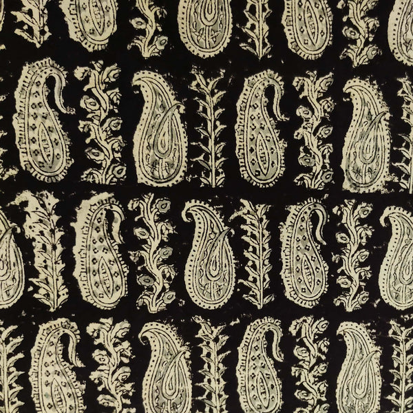 Pure Cotton Kalamkari Dull Black With Intricate Kairi And A Creaper Hand Block Print Fabric