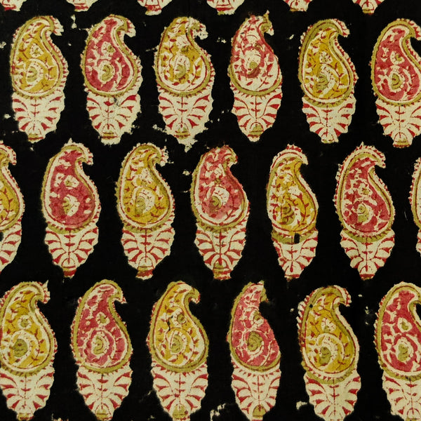 Pure Cotton Kalamkari Dull Black With Intricate Mustard And Rust Kairi Hand Block Print Fabric