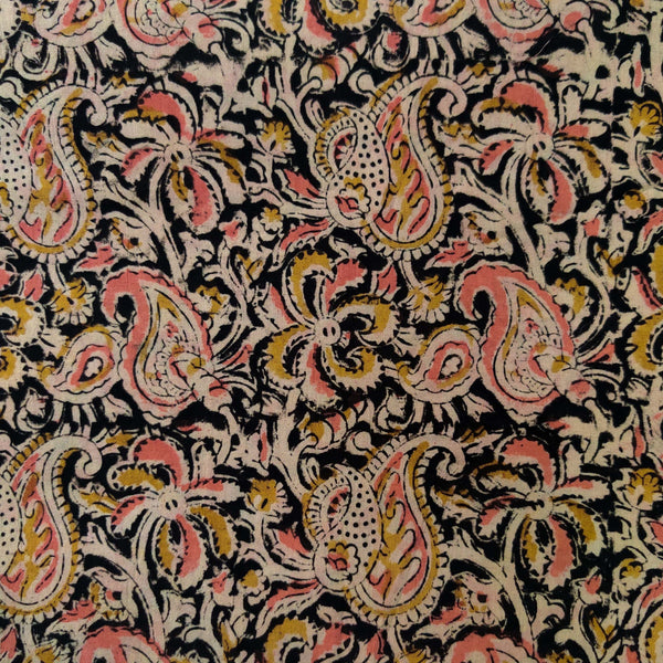 Pure Cotton Kalamkari Dull Black With Peach Pink Mustard Green Wild Fruit Jaal Hand Block Print Fabric