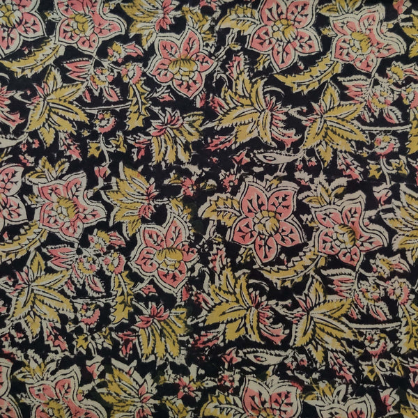 Pure Cotton Kalamkari Earthy Black With Wild Flower Hand Block Print Fabric