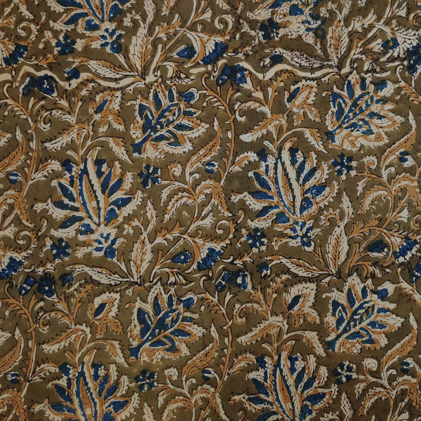 Pure Cotton Kalamkari Earthy Mehendi Green With Blue Wild Floral Jaal Hand Block Print Fabric