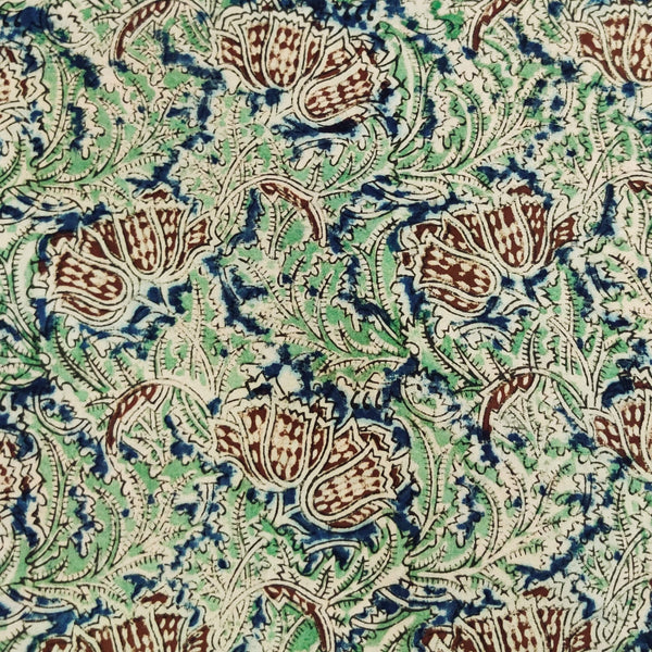 Pure Cotton Kalamkari Green And Blue With Wild Flower Jaal Hand Block Print FabricPure Cotton Kalamkari Green And Blue With Wild Flower Jaal Hand Block Print Fabric