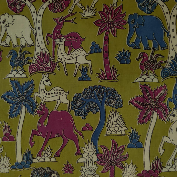 Pure Cotton Kalamkari Green Screen Print With Elephants Camel Deer Jungle Fabric