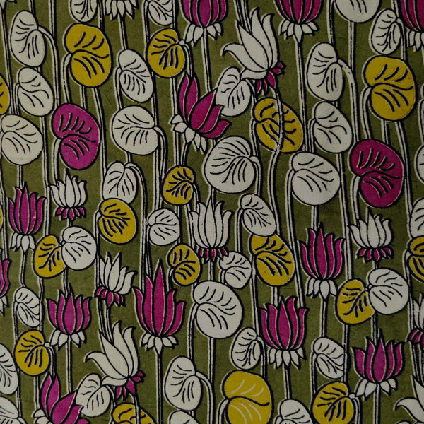 Pure Cotton Kalamkari Green Screen Print With Pink And Cream Lotus Hand Block Print Fabric
