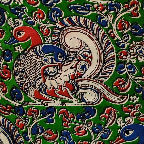 Pure Cotton Kalamkari Green With A Big Green Intricate Peacock On A Tree Print Fabric