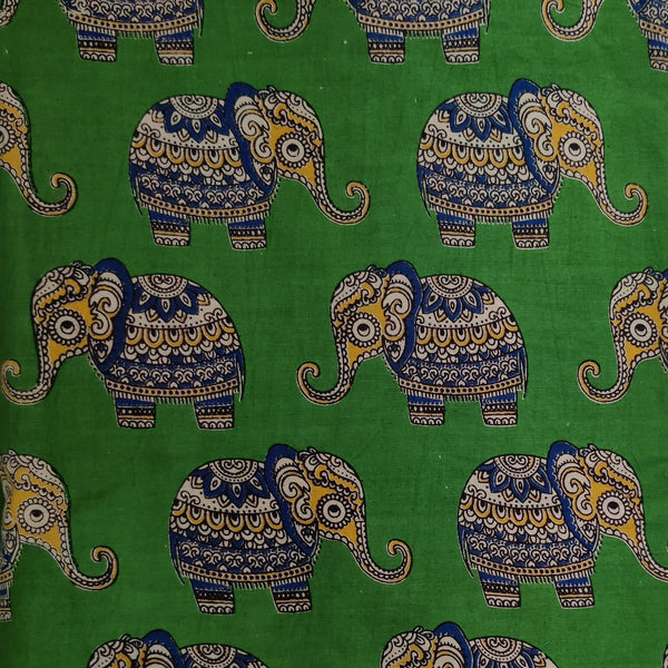 Pure Cotton Kalamkari Green With Baby Elephants Fabric