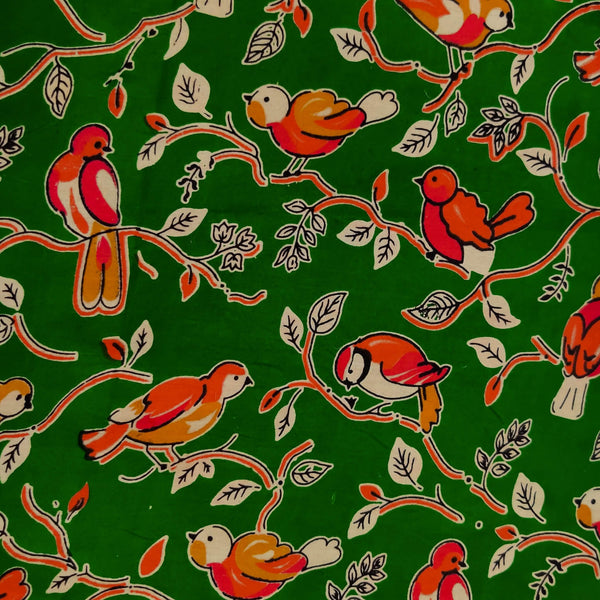 Pure Cotton Kalamkari Green With Birds On A Tree Print Fabric
