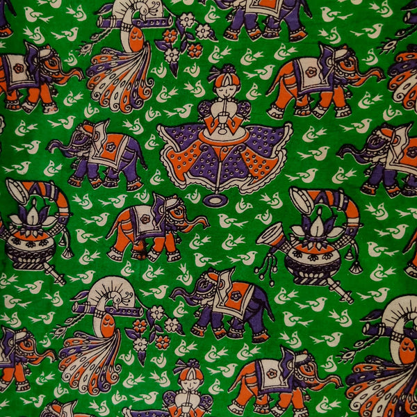 Pure Cotton Kalamkari Green With Elephants, Clown And Birds Print Fabric