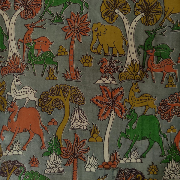 Pure Cotton Kalamkari Grey Screen Print With Elephants Camel Deer Jungle Fabric