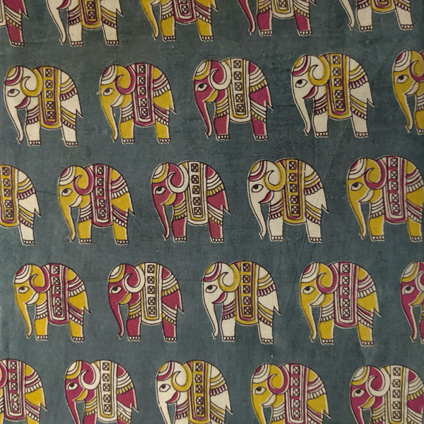 Pure Cotton Kalamkari Grey Screen Print With Elephants Jungle Fabric